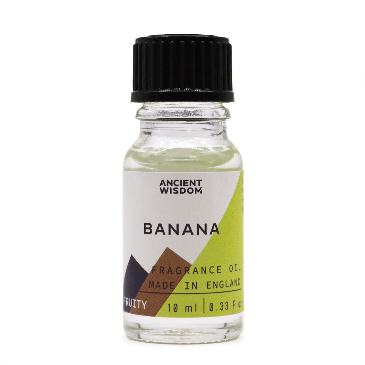 Banana fragrance oil in a clear glass bottle with black cap, front view on a plain white background