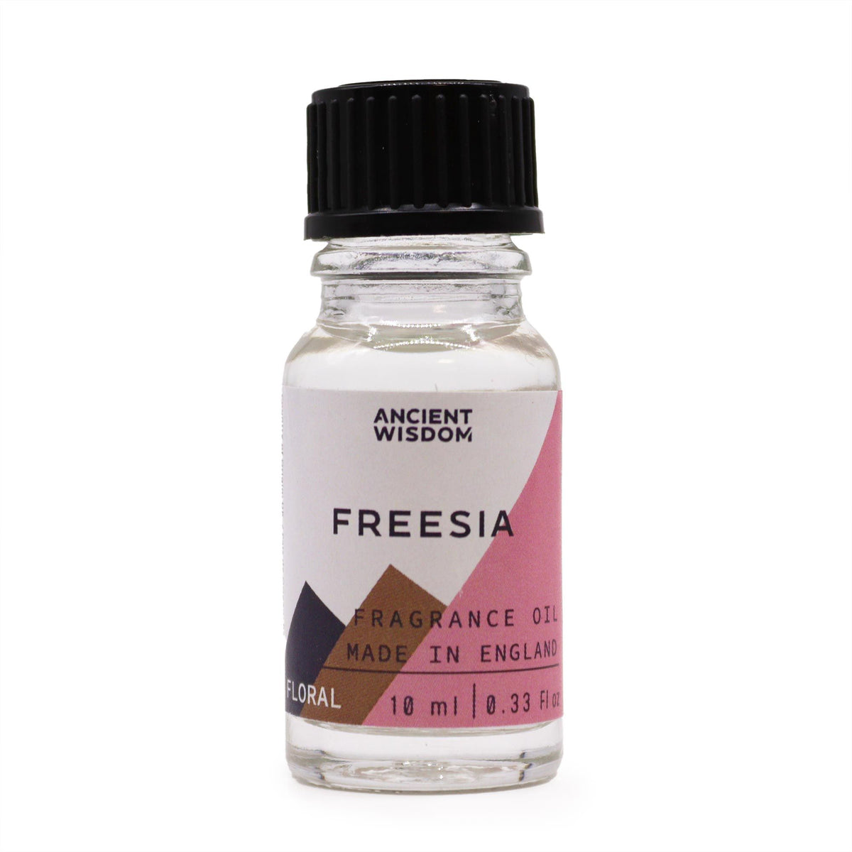 10ml Freesia Fragrance Oil in a clear glass bottle with a black cap, front view on white