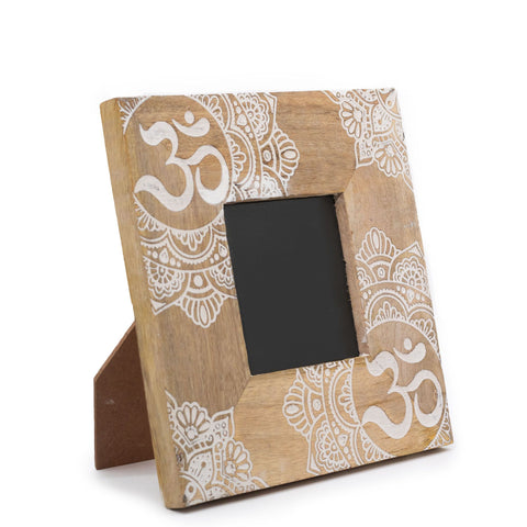 Small Mango Wood Picture Frame, white mandala pattern on a natural wood finish, shown upright from the front