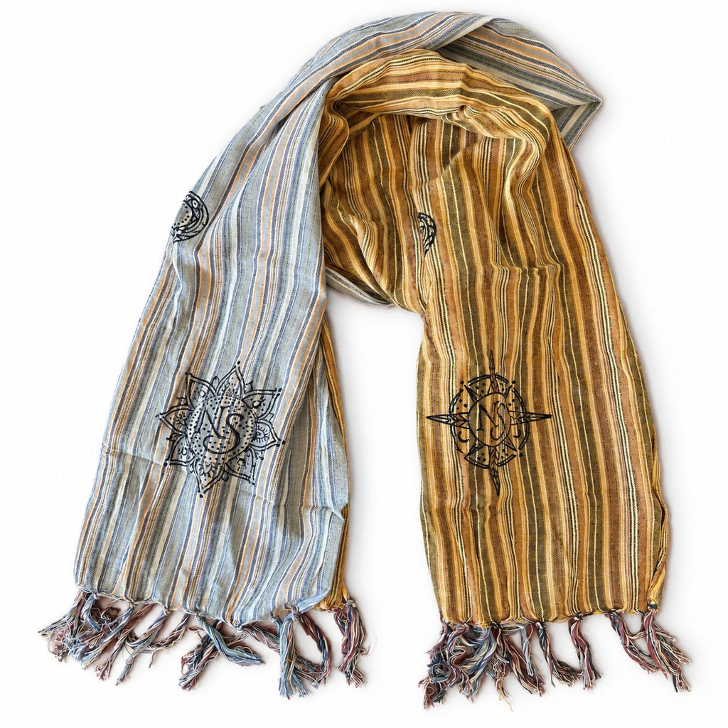 Nomad Sari Travel Blessing Scarf with blue-grey and ochre striped panels