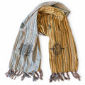 Nomad Sari Travel Blessing Scarf with blue-grey and ochre striped panels