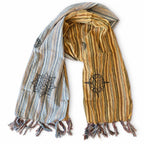 Nomad Sari Travel Blessing Scarf with blue-grey and ochre striped panels