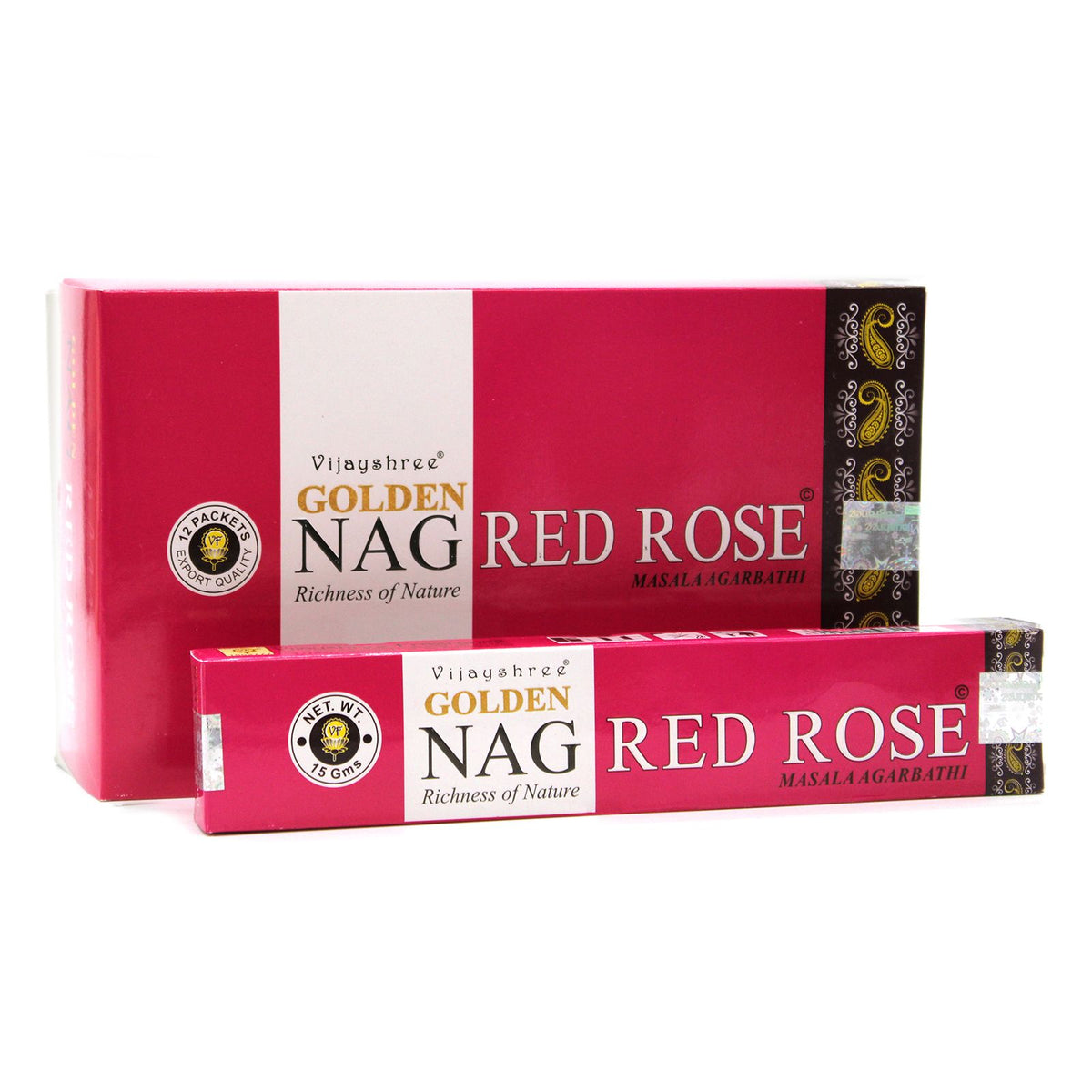 15g Golden Nag, Red Rose incense in a bright pink box, shown with a matching incense pack