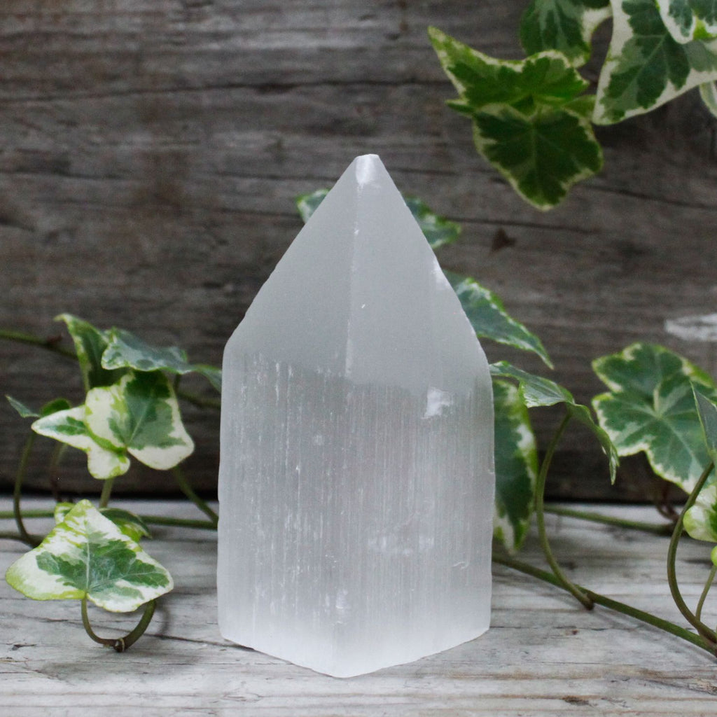A 10 cm selenite pencil point tower on a wooden surface with ivy behind it.