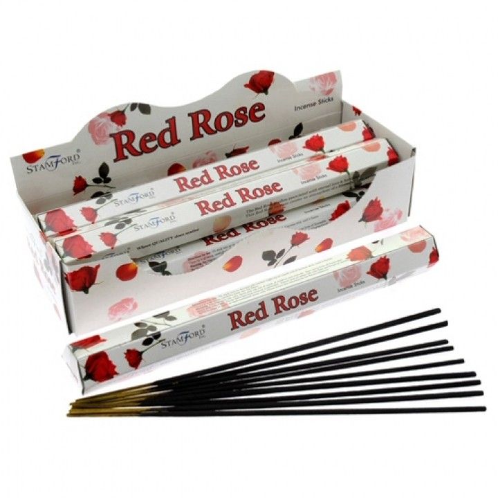 Red Rose Premium Incense in a floral display box, with an open packet and black incense sticks