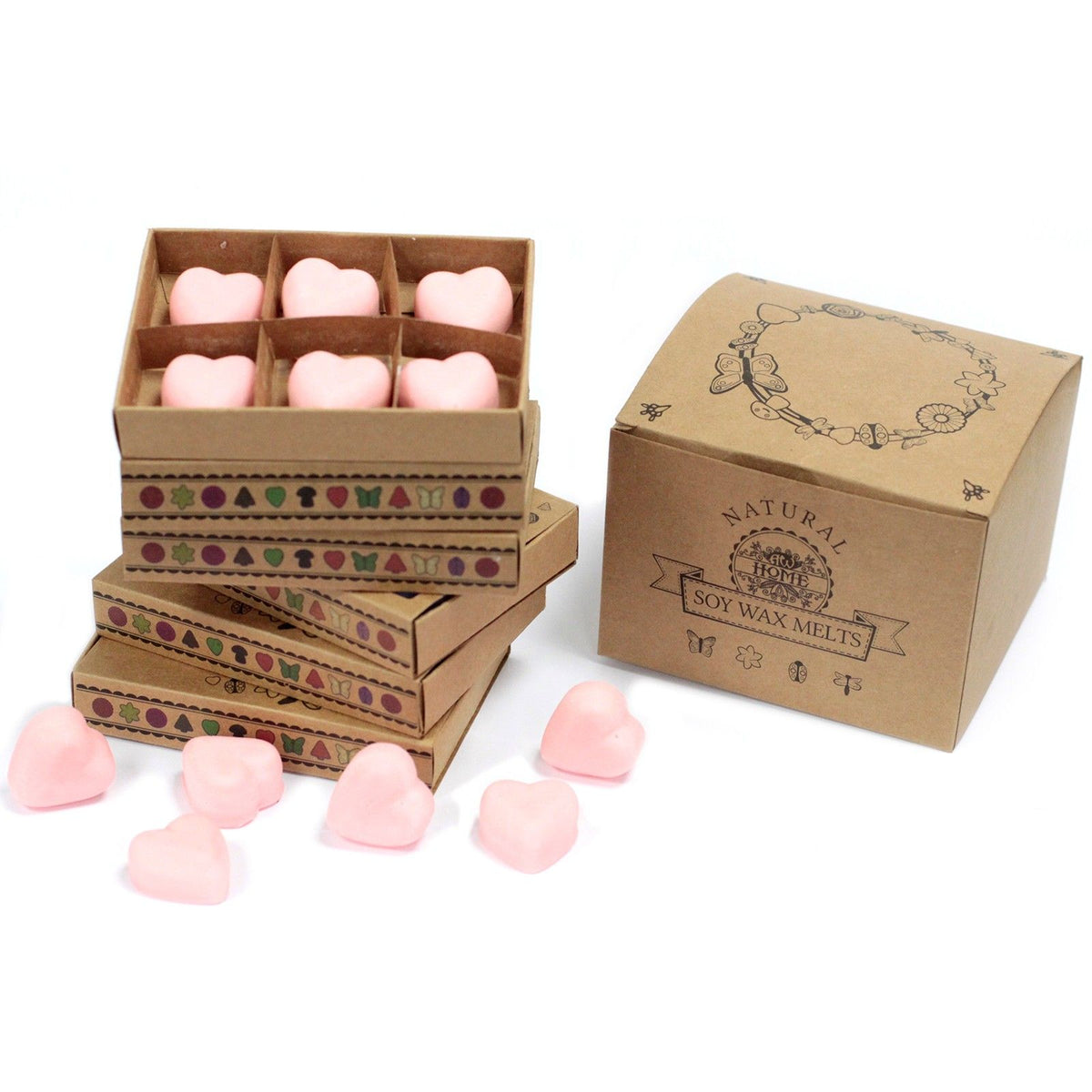 Box of 6 Wax Melts, Dragon's Blood in open and closed kraft boxes, with pink heart-shaped melts