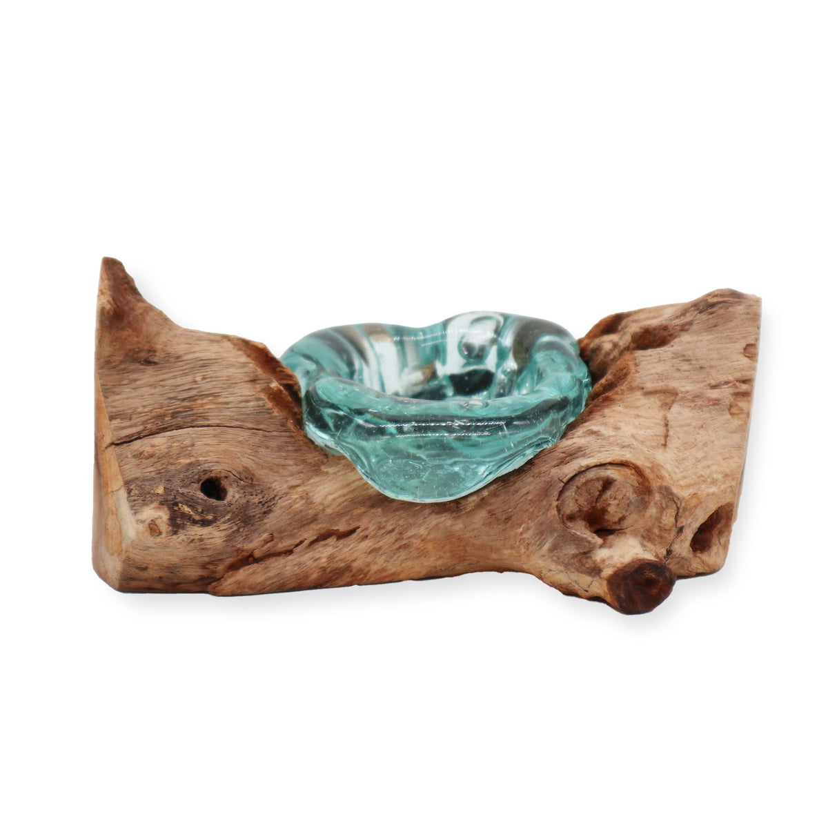 Molton Glass Candle Single Holder on Wood, turquoise glass set into a natural wood base, front view