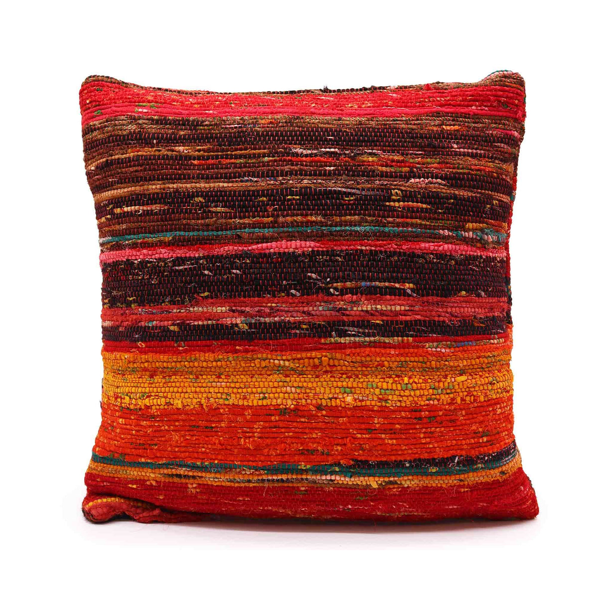 Rich red Rag Rug cushion cover with horizontal stripes, shown alone from the front on white