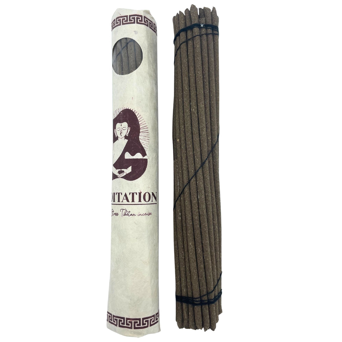 Rolled Pack of 30 Premium Tibetan Incense, Meditation, with dark sticks beside a printed paper wrapper