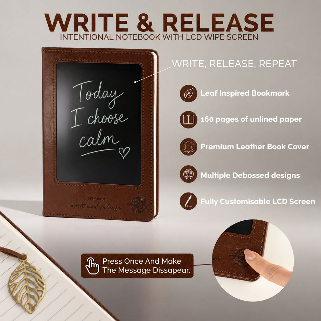 Notebook, lined page and leaf bookmark shown together