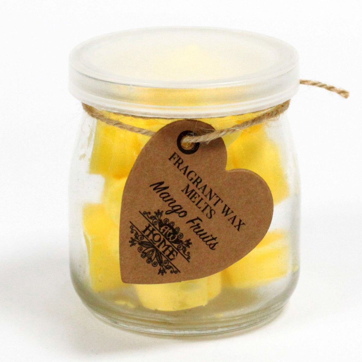 Clear jar of yellow Mango Fruits melts with a white lid and a brown heart-shaped tag, front view