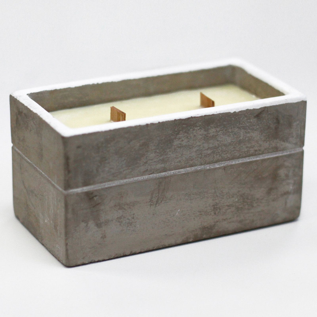 Large Box, Spiced South Sea Lime concrete candle in a grey rectangular holder, open with two wooden wicks