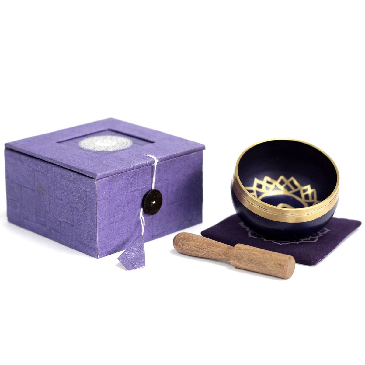 Chakra Singing Bowl, Crown in a purple box with a wooden striker and matching purple cloth