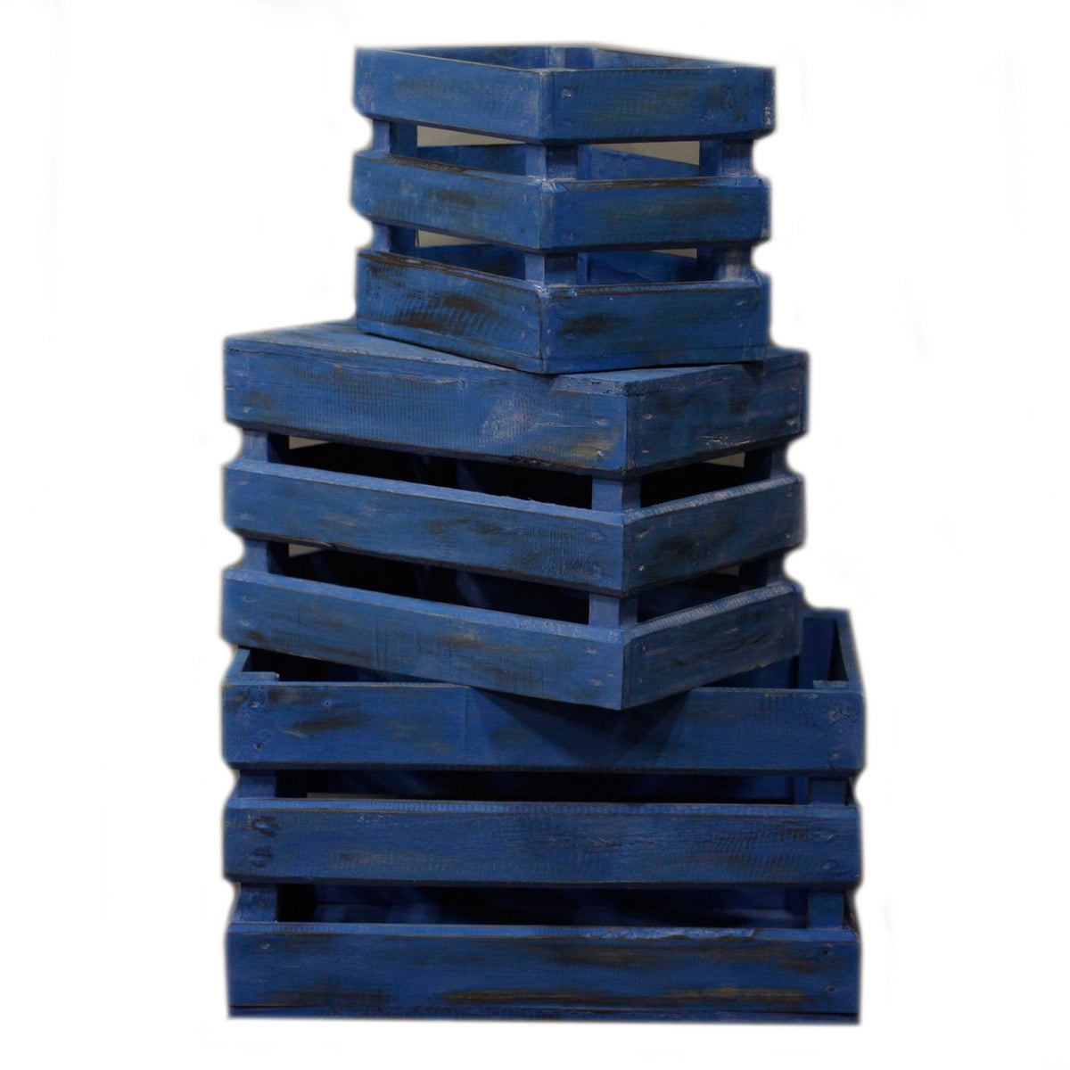 Bluewash wooden crates stacked vertically against a plain white background, shown from the front
