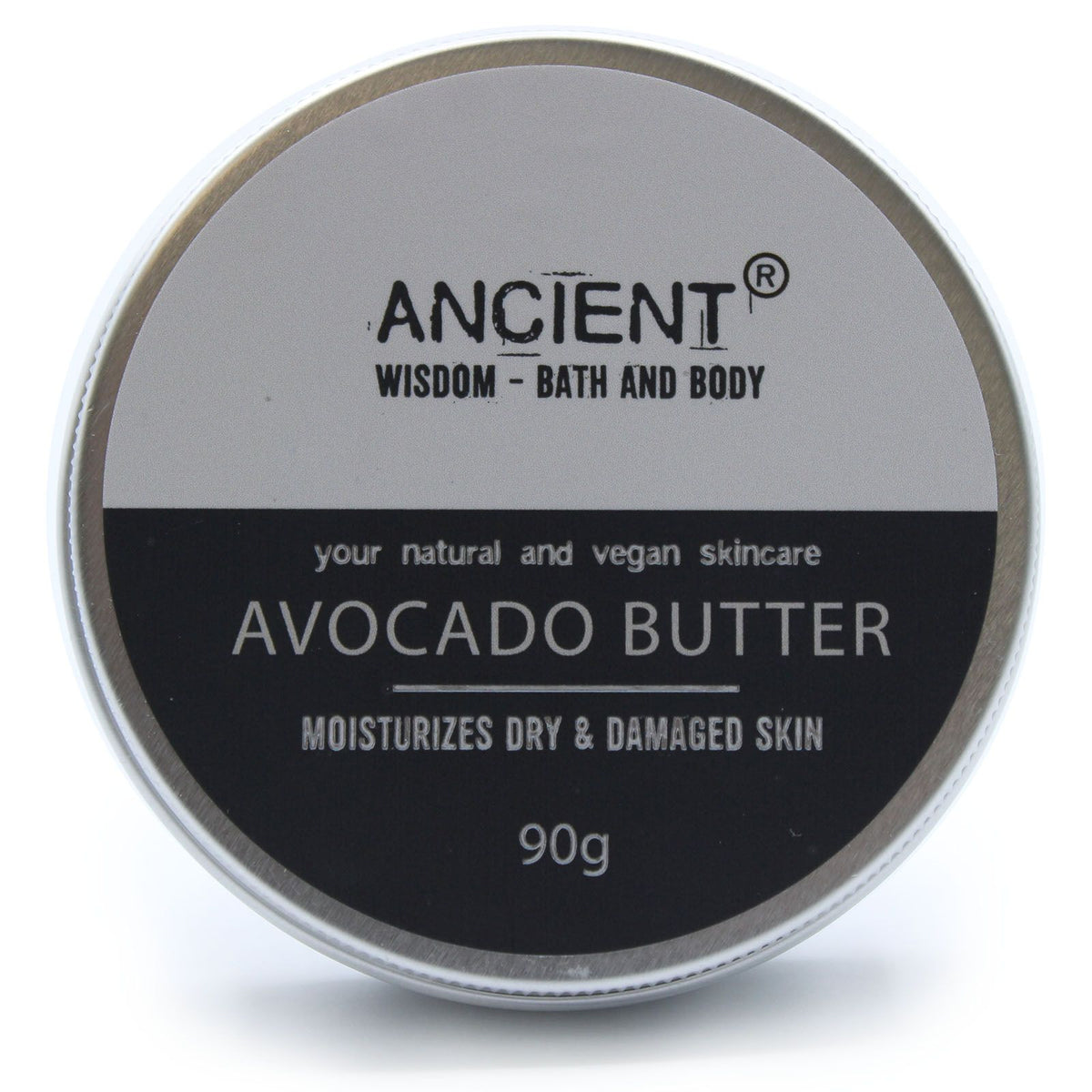 Pure Body Butter 90g, Avocado Butter in a round silver tin, shown from above with its printed lid