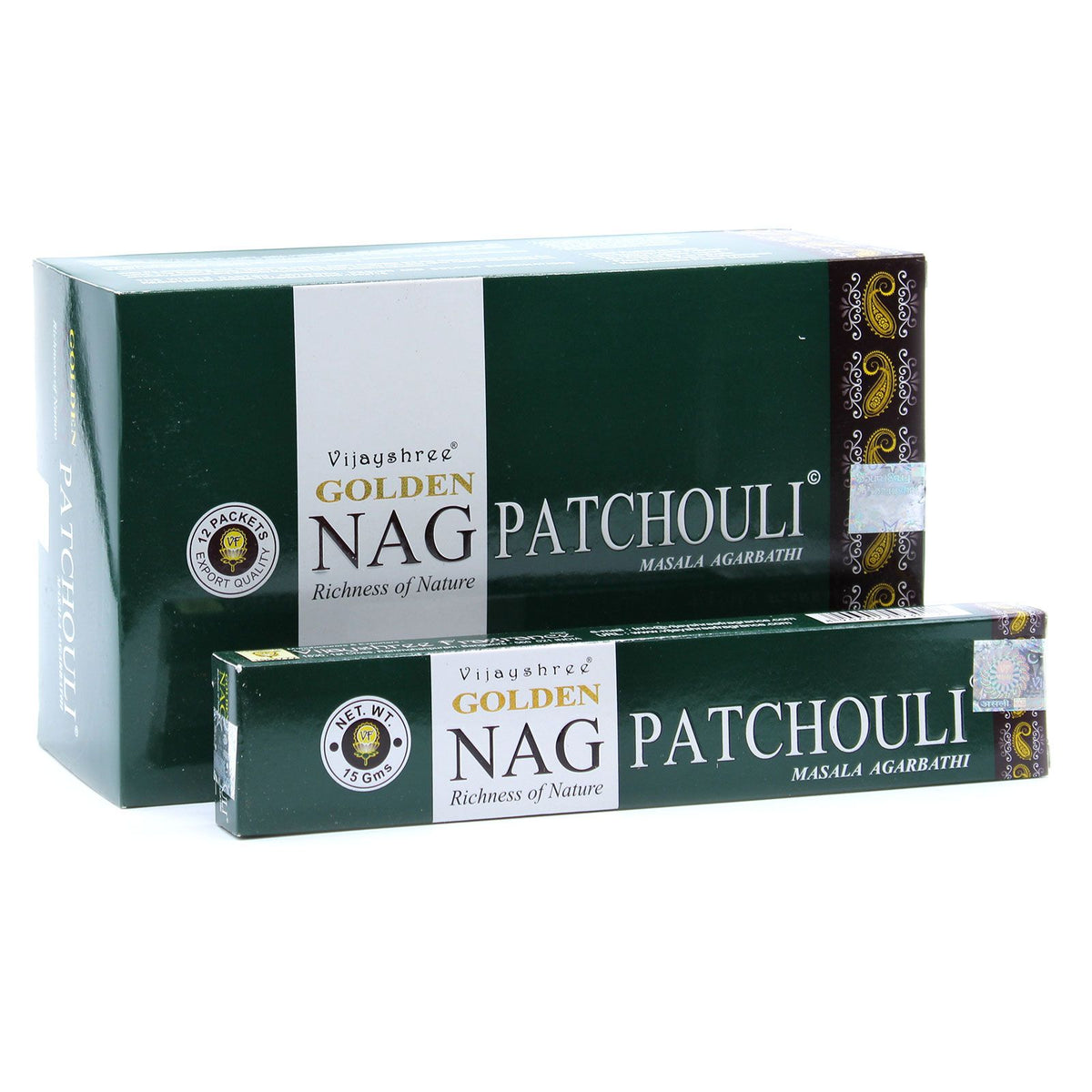 15g Golden Nag, Patchouli Incense in dark green boxes, front view with a smaller box in front