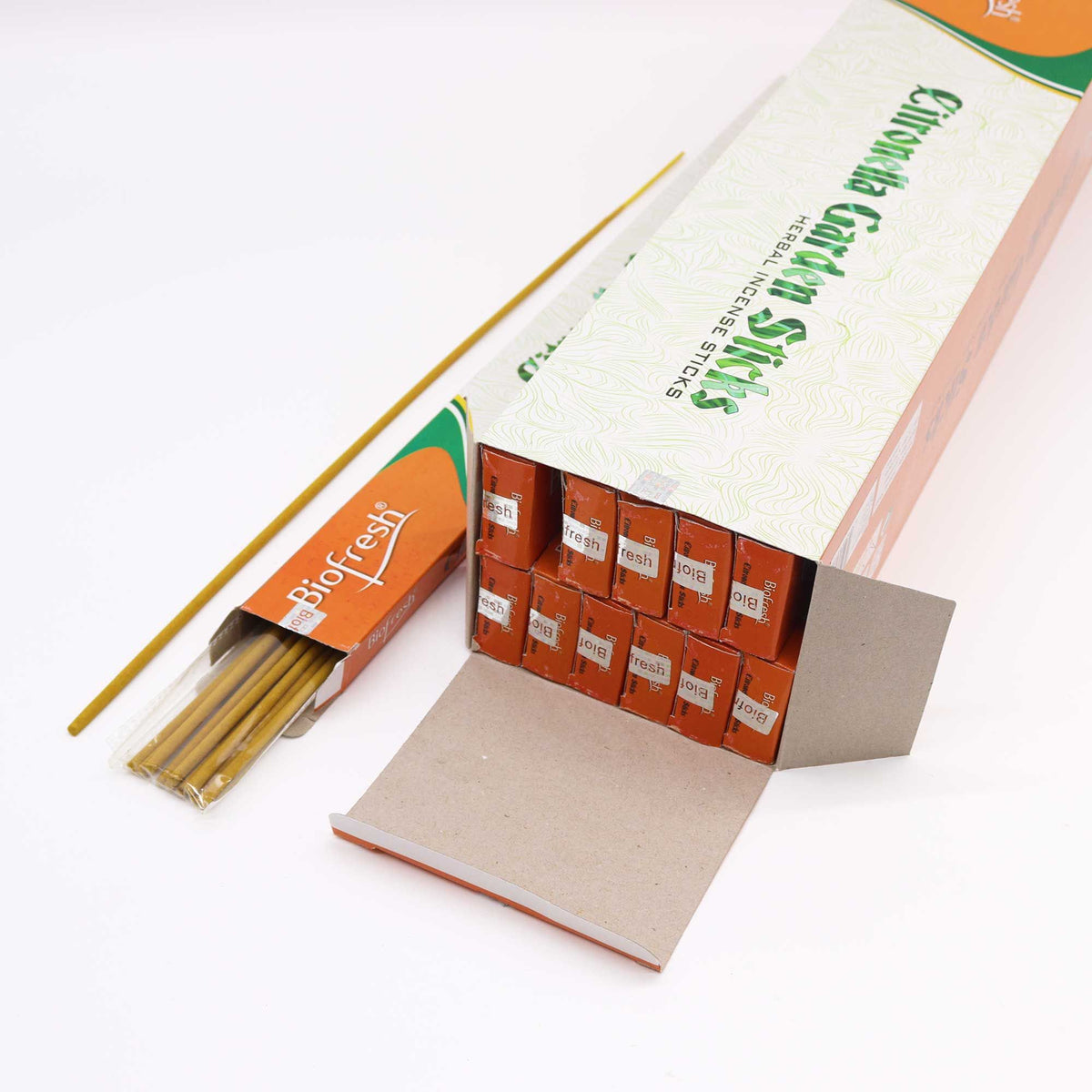 Biofresh Garden Incense Sticks, Citronella sticks in an open carton, with a loose stick beside it