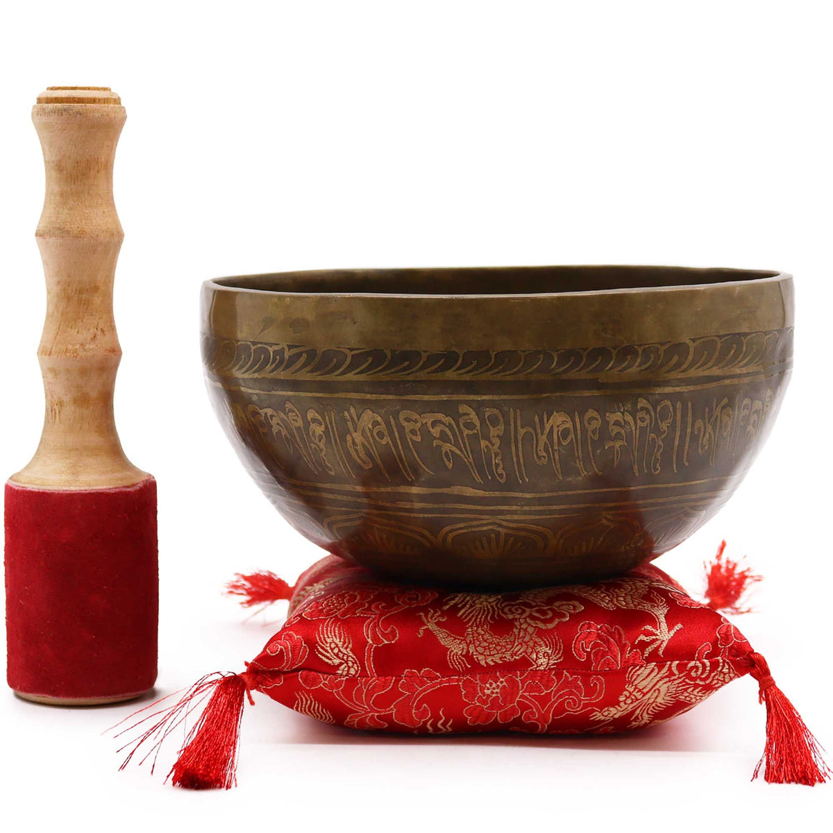 Brass Golden Tara, Special S'Bowl Set with engraved golden bowl, red cushion and wooden striker