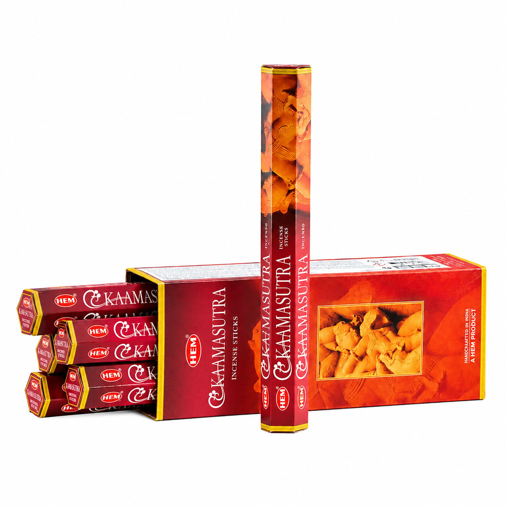 HEM Kamasutra incense packs shown together with one upright