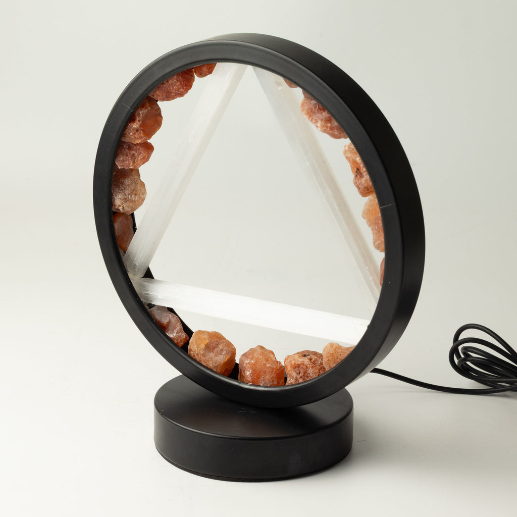 Angled view of the lamp showing its circular frame and base