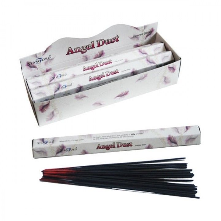 Angel Dust Premium Incense in a white and lilac display box, with a single pack and loose dark sticks