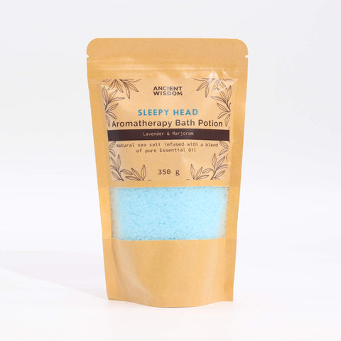 Aromatherapy bath potion in its kraft bag, front label view