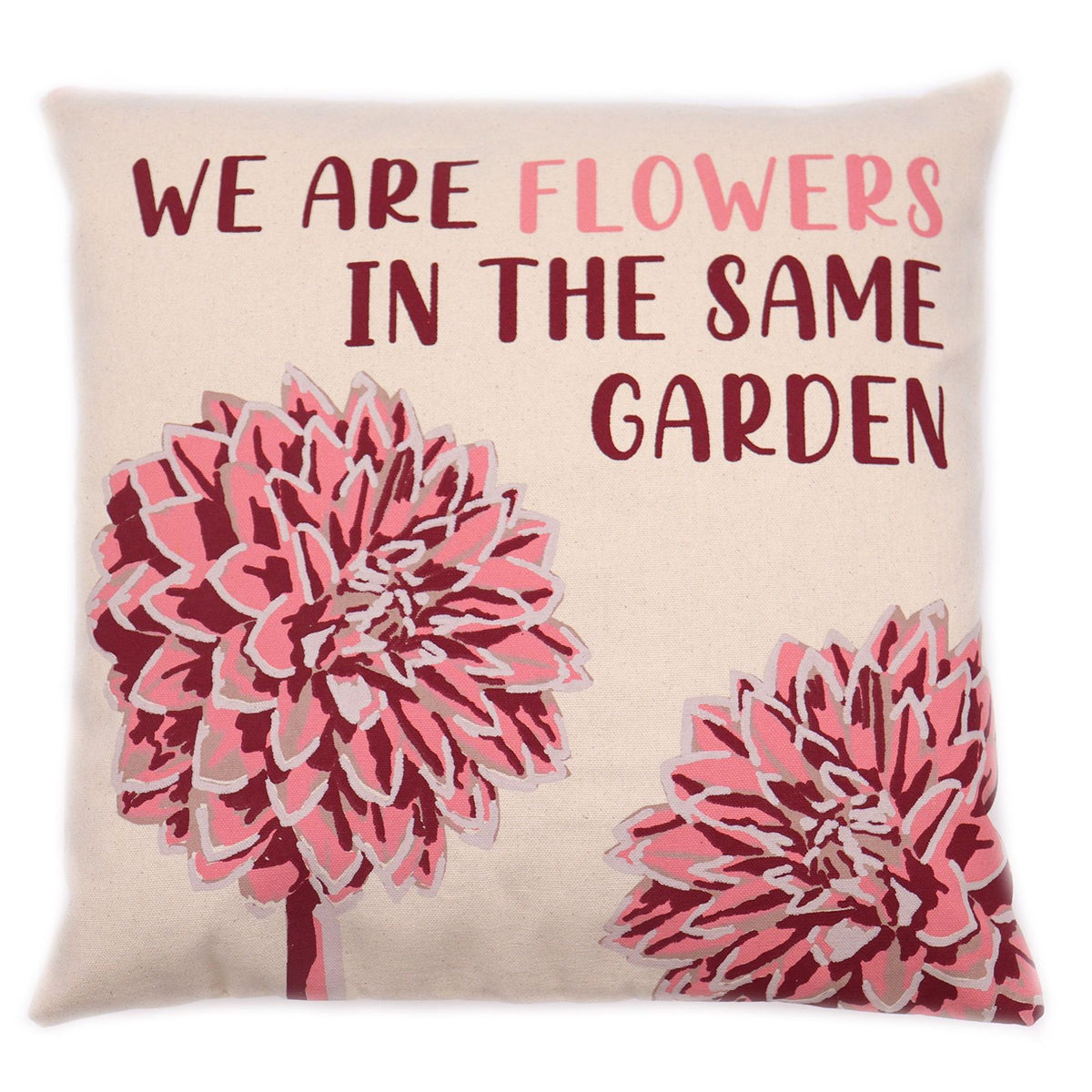 Close-up of the natural-coloured cushion cover with pink flowers and We are Flowers lettering