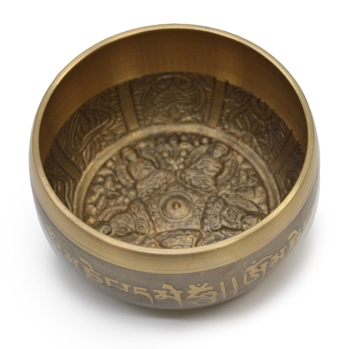 Five Buddha Singing Bowl in bronze and gold, viewed from above with detailed figures inside