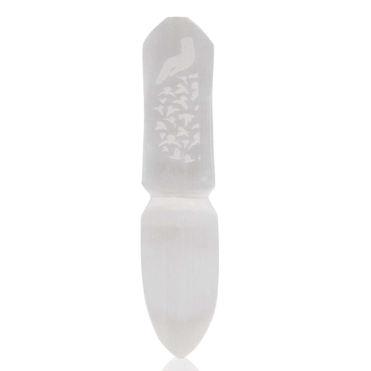 Selenite knife upright against white, showing the bird and flying birds engraved on its handle