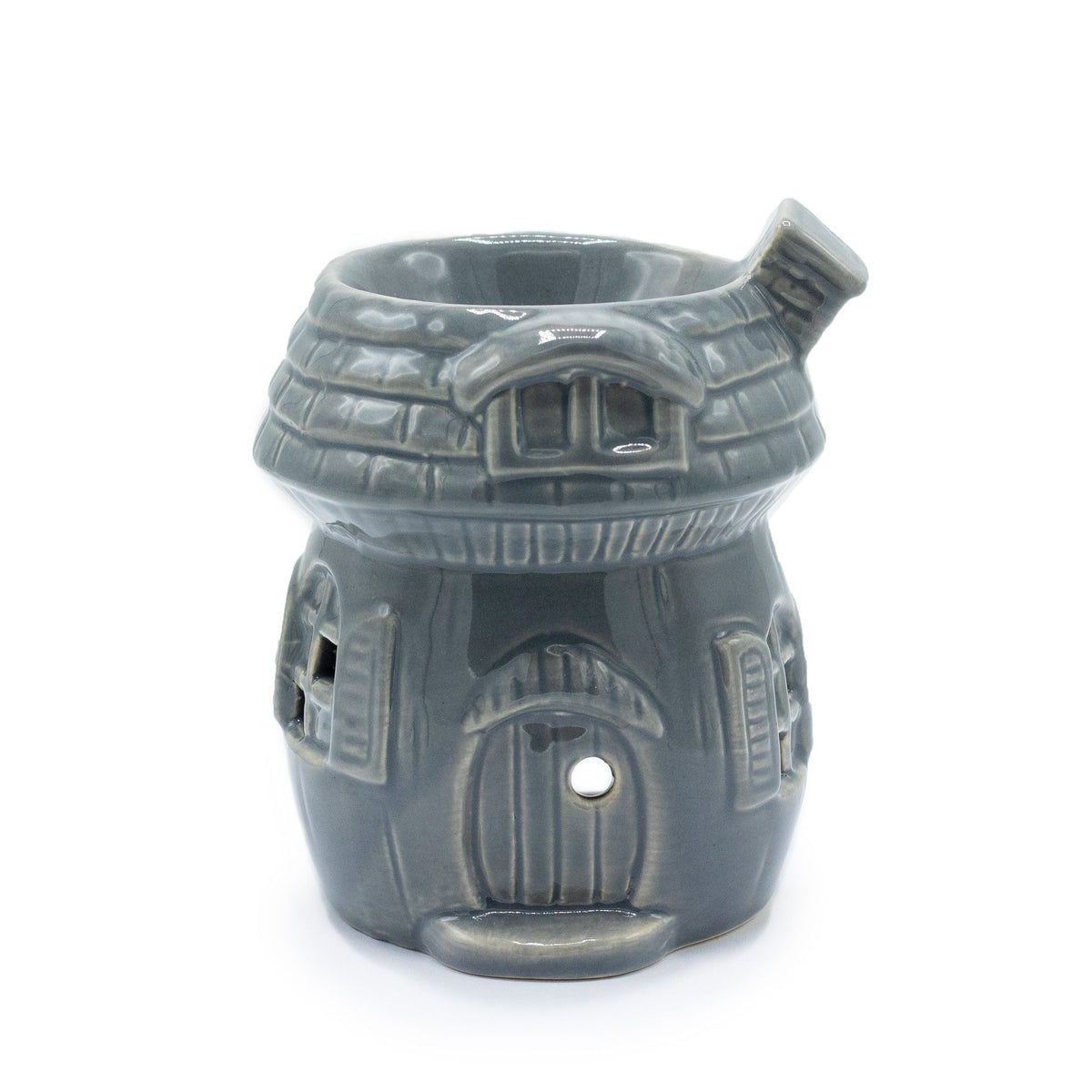 Mushroom House Oil Burner, Grey, front view showing the door, windows and open dish on top