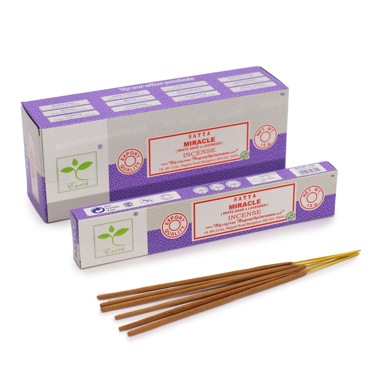 Satya Incense 15gm, Miracle (White Sage & Lavender), purple and cream boxes with loose brown incense sticks