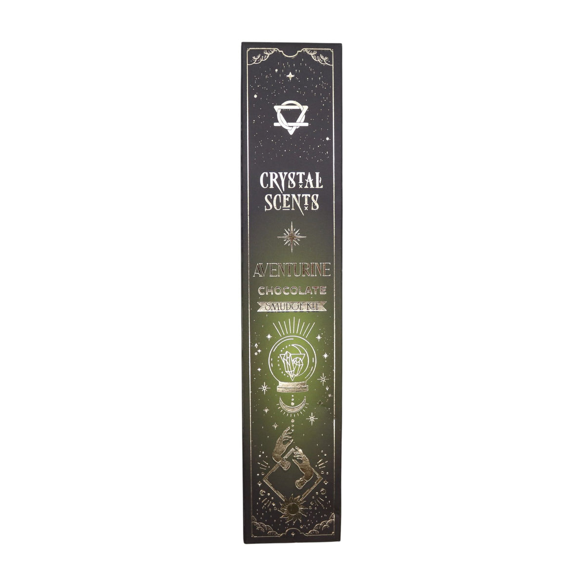 A single narrow black and green incense carton shown upright against a pale background