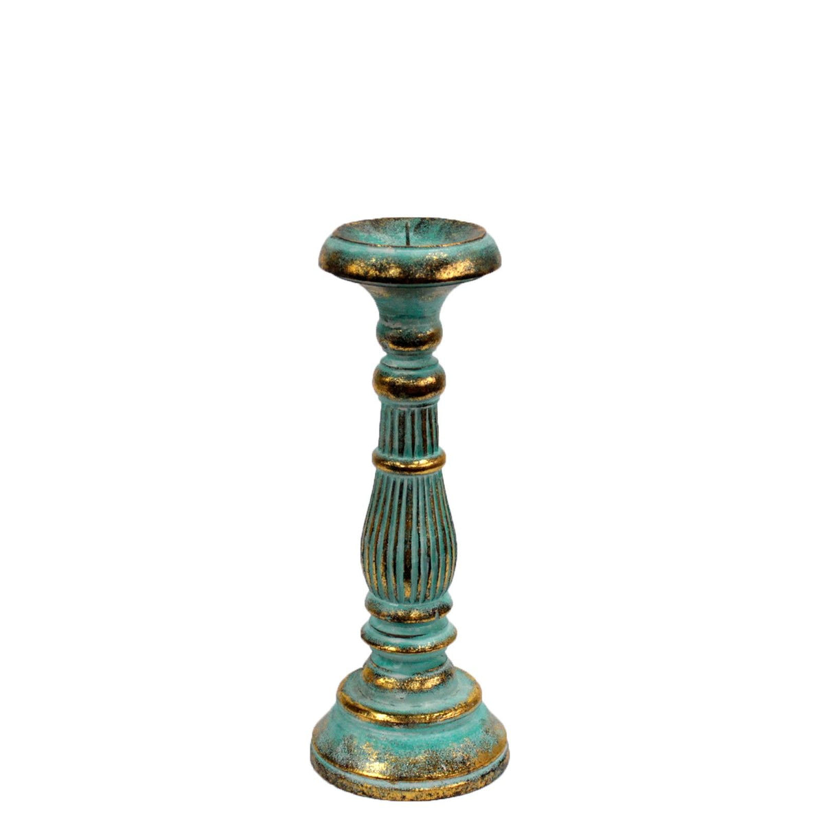 Single turquois and gold candle stand shown upright against a plain white background