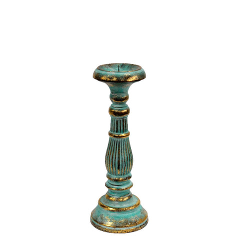 Single turquois and gold candle stand shown upright against a plain white background