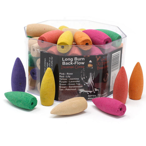 Long Backflow Incense Cones in assorted colours, shown loose around an open clear tub with a label