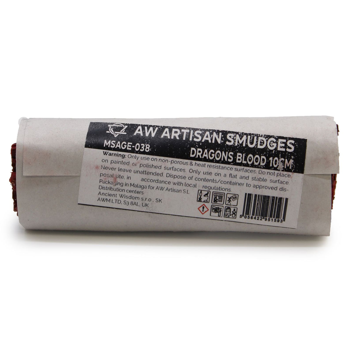 Smudge Stick, Dragon Blood 10cm in a pale paper wrapper with a printed label, shown from above