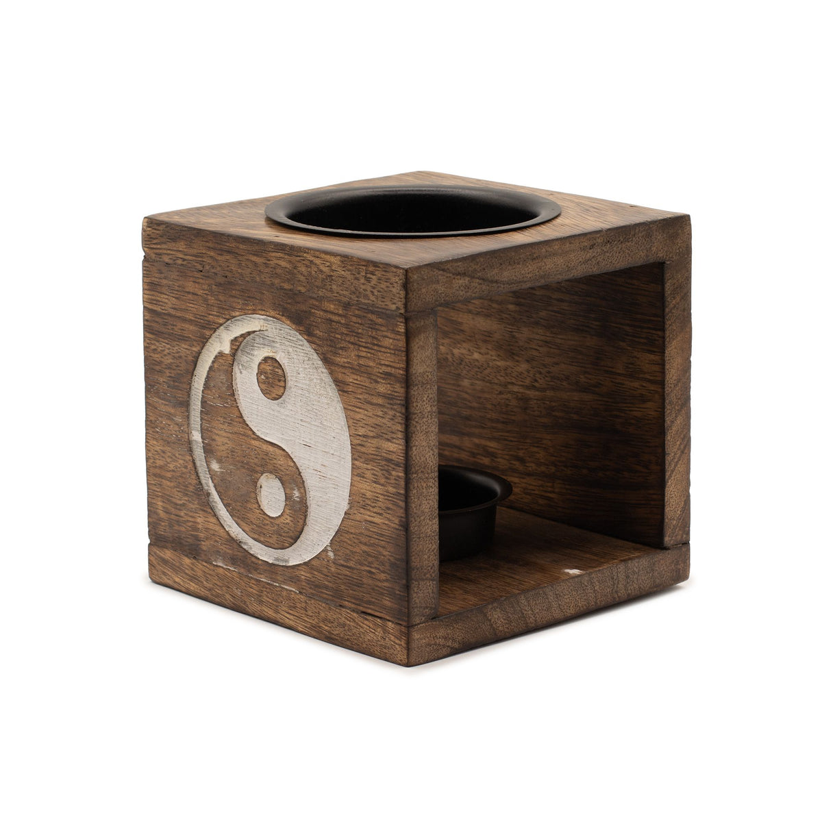 Square Mango Wood Oil Burner, Yin Yang, brown cube with a black dish and yin yang motif on the side