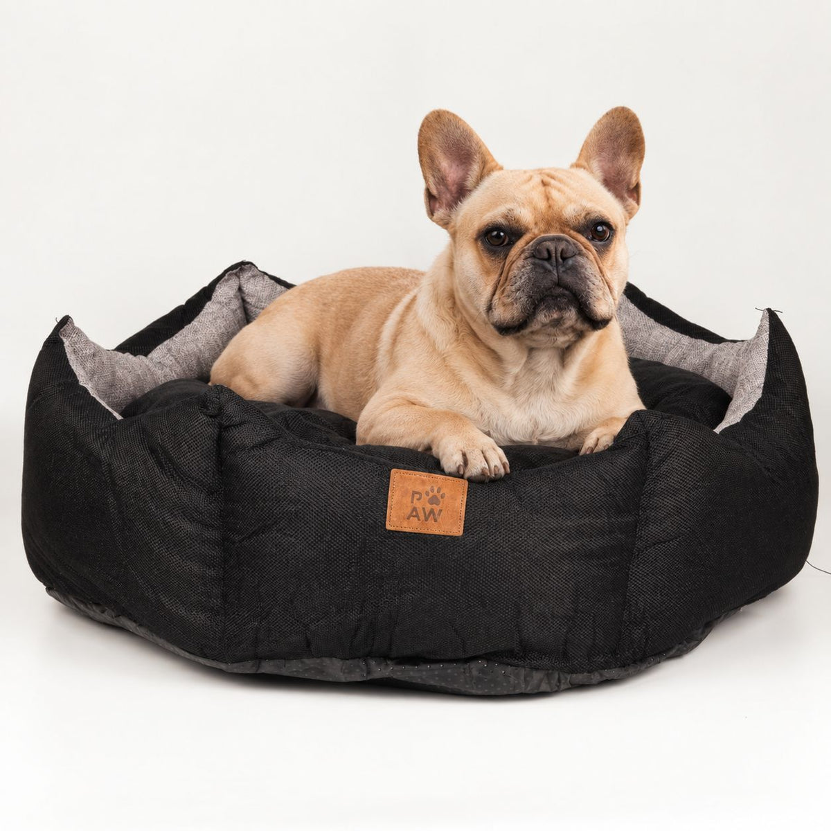PAW crown-shaped pet bed in black and grey, shown with a dog