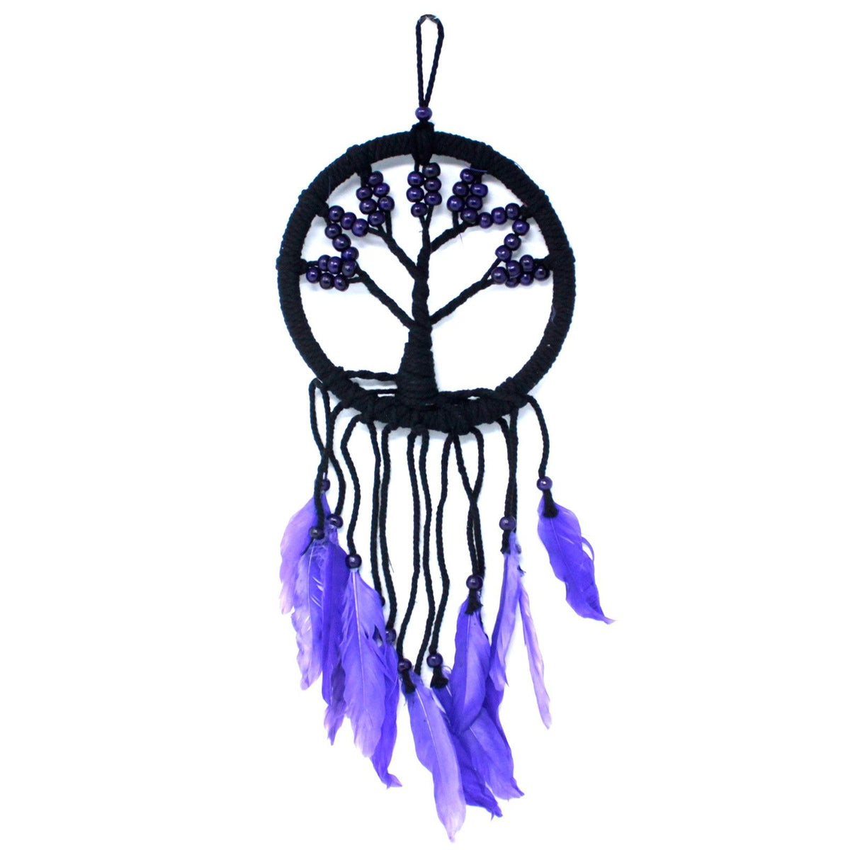 Tree of Life Dreamcatcher, black hoop with purple beads and feathers, shown hanging against white