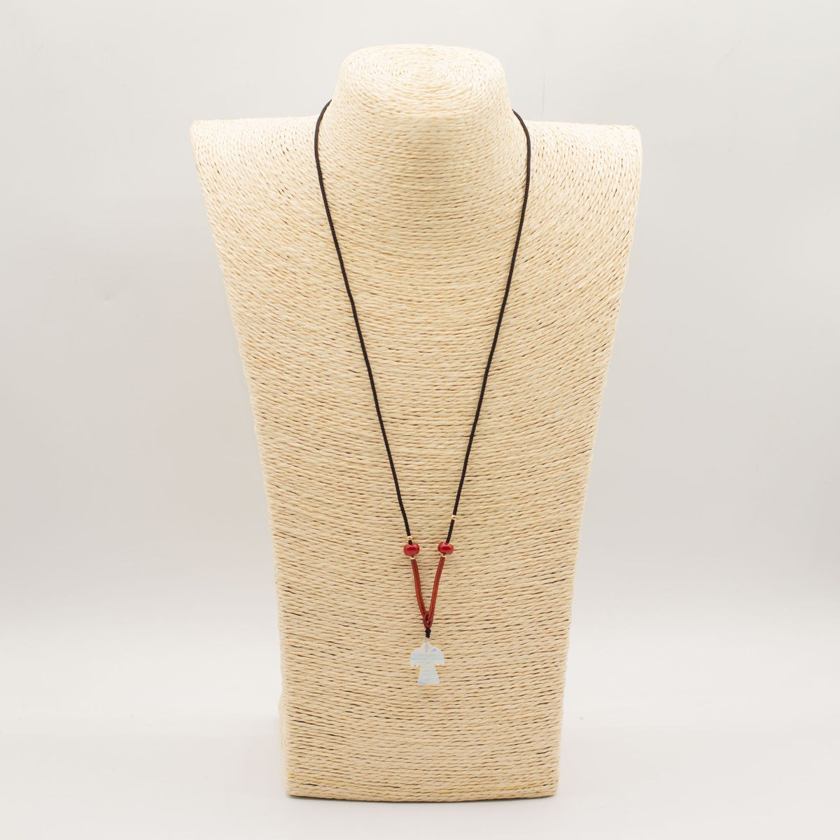 Cord Necklace Gemstone Pendant, Opalite Angel on a woven display bust, full front view