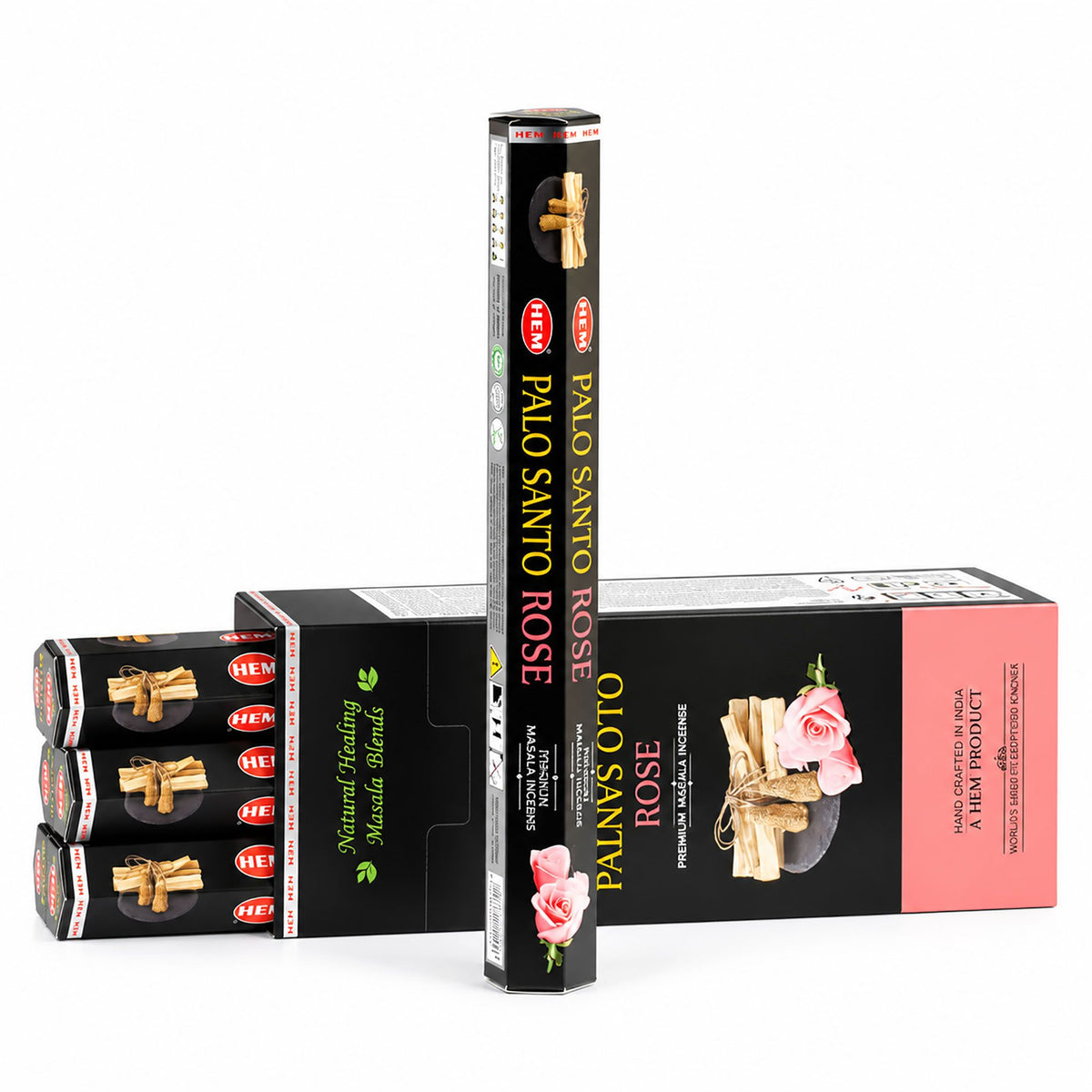 HEM Palo Santo Rose incense pack shown with other incense cartons