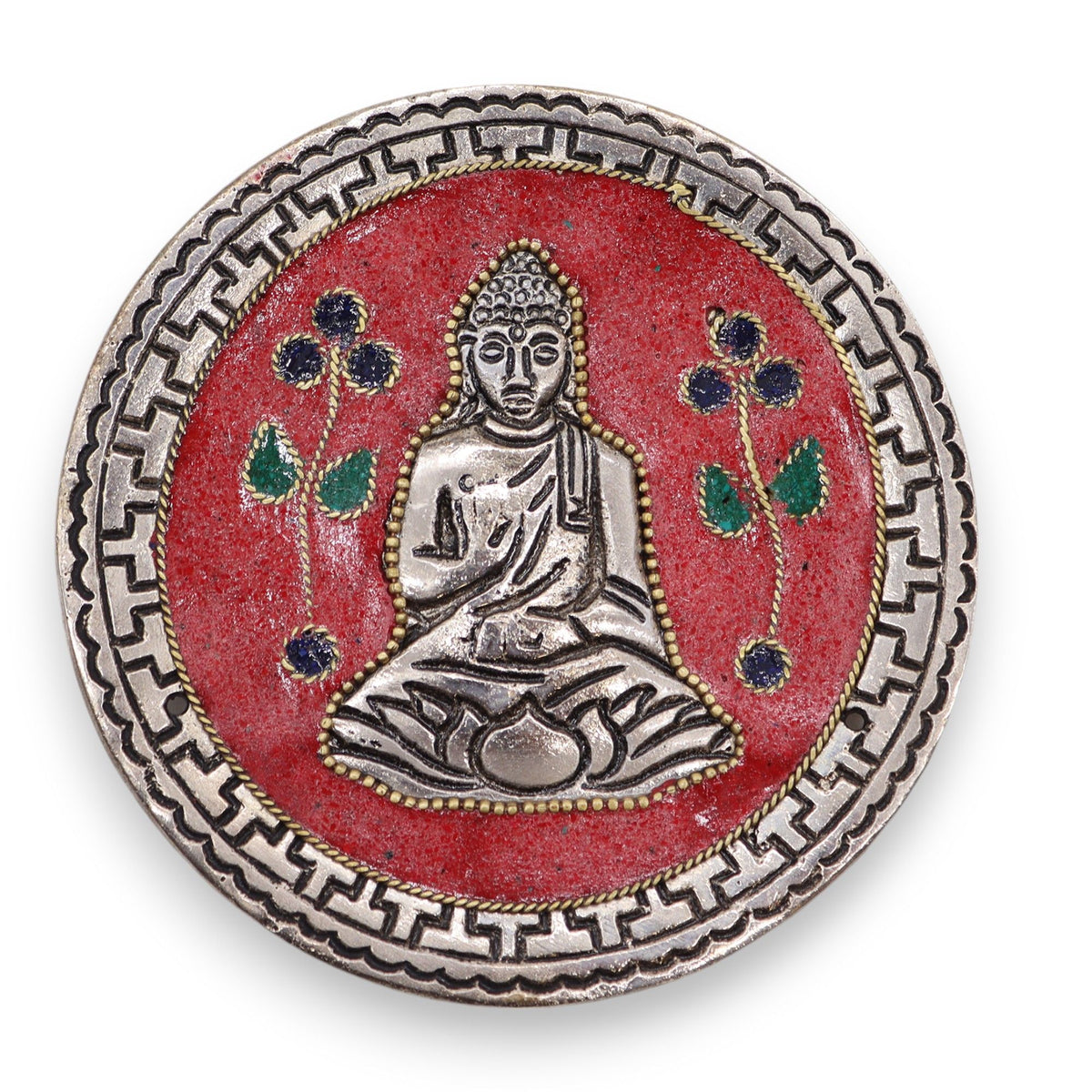 Buddha Red Decor Incense Holder, front view with a silver Buddha on a red circular base