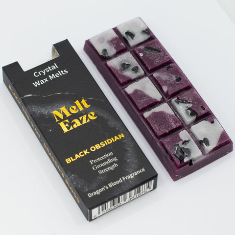 MeltEaze Wax Melts 50g, Obsidian Shield, Dragons Blood, purple wax bar beside black box