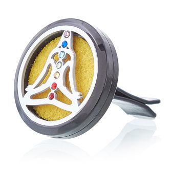 Car Diffuser Kit, Pewter Yoga Chakra, 30mm, angled view with yellow pad and vent clip