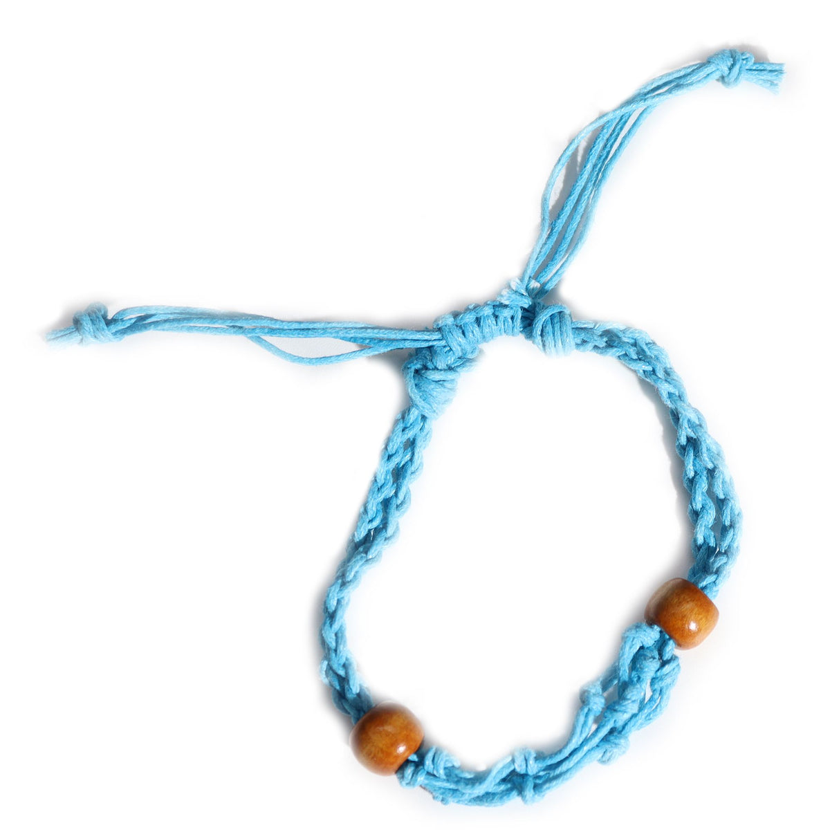 Blue gemstone bracelet cord shown without a stone, looped with its sliding knot and loose ends