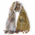 Sky Meets Earth Travel Blessing Scarf with contrasting stripes and fringed ends