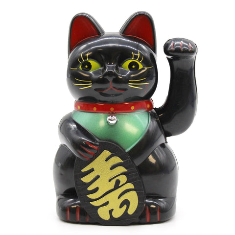 Black Money Cat, 15cm, shown from the front with a raised paw and gold lettering