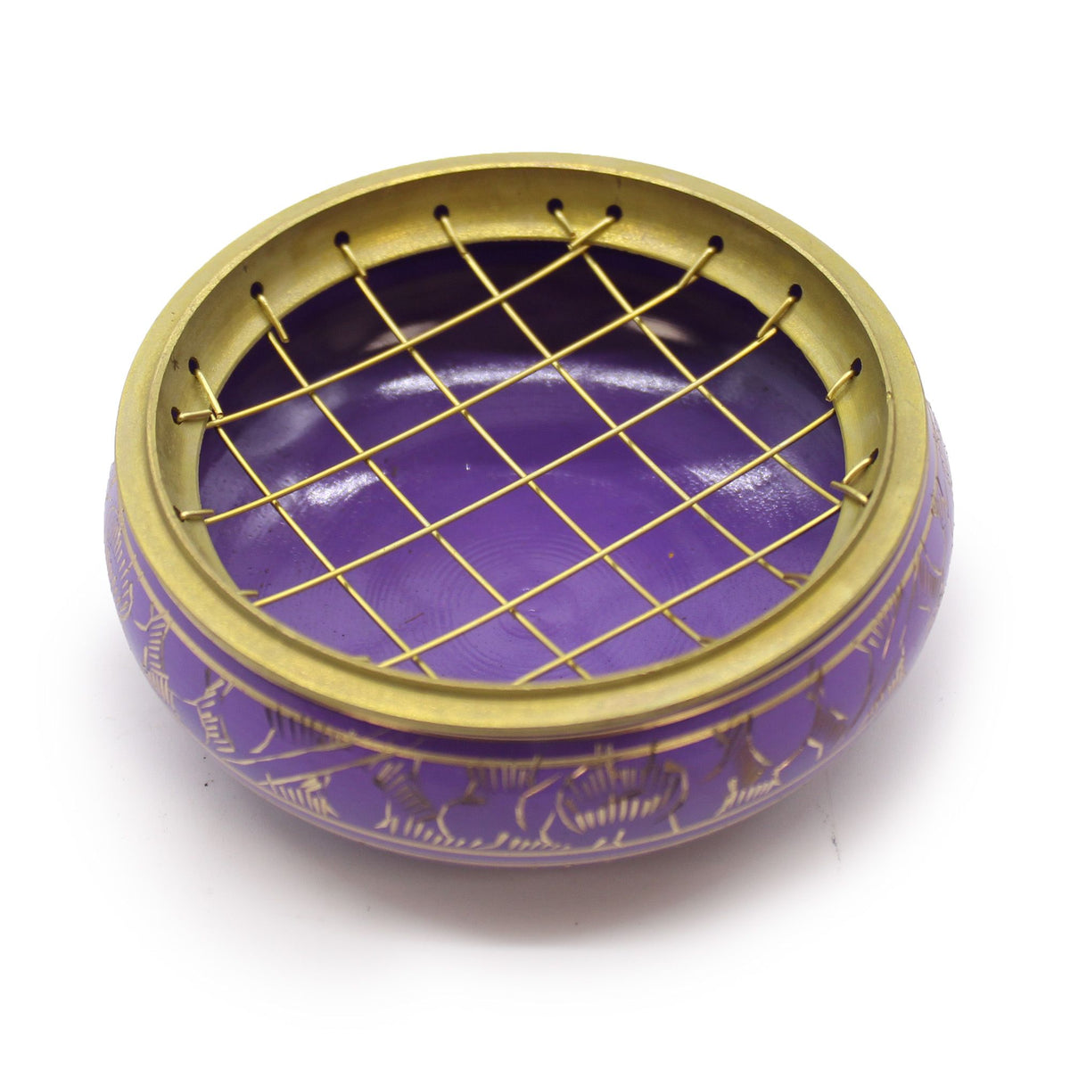 Chakra Charcoal Incense Jar, Crown, purple and gold jar shown from above with its metal grid in place