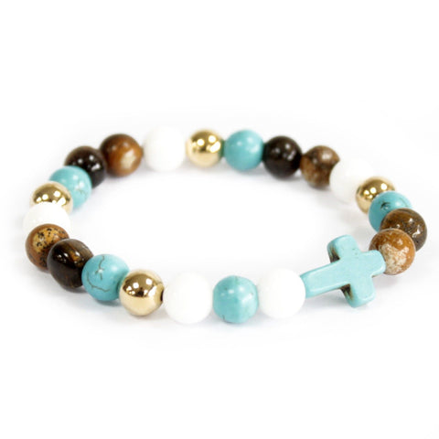 Turquoise Cross / Royal Beads, Gemstone Bracelet shown alone on white, with turquoise, white, brown and gold beads