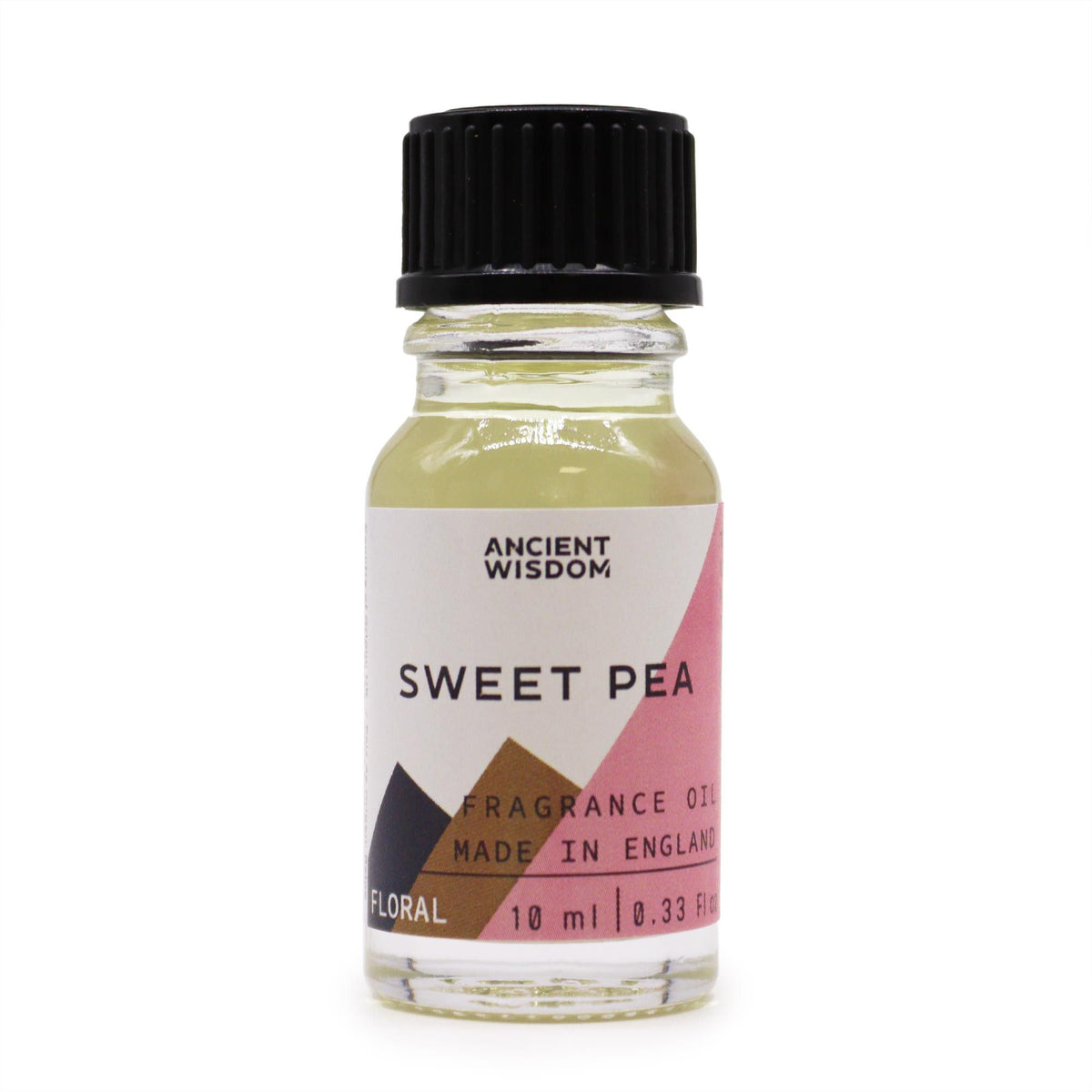 Sweet Pea fragrance oil in a clear bottle with black cap, front label shown against white